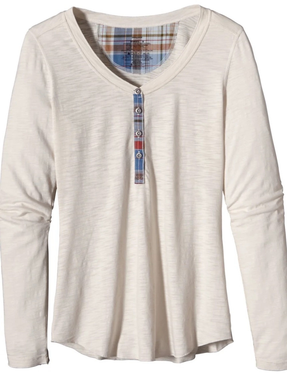 Patagonia Long-Sleeved Necessity Henley Top Cream White Plaid Trim Organic Cotto